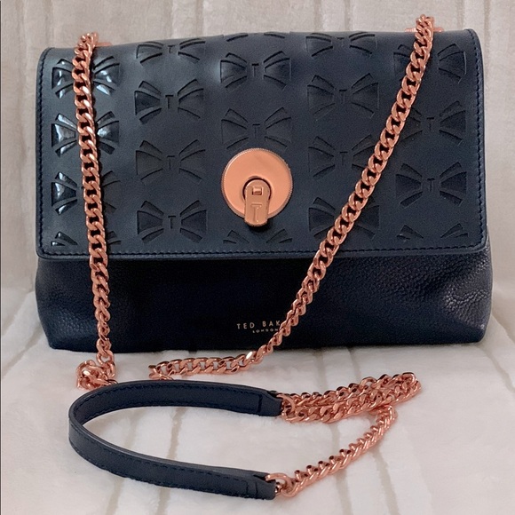 Ted Baker London Bow Navy Blue and Rose Gold Crossbody Shoulder Handbag Purse - Picture 1 of 17